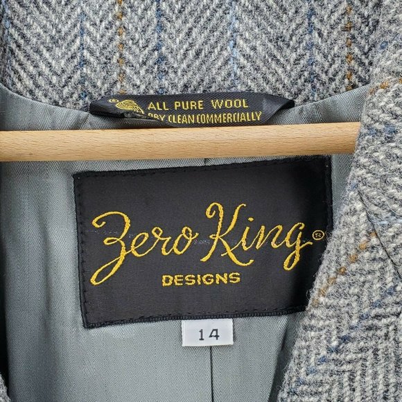 VTG Blue & Gray Herringbone Tweed Wool Blazer Winter Jacket Zero King Women's 14 - Picture 4 of 7